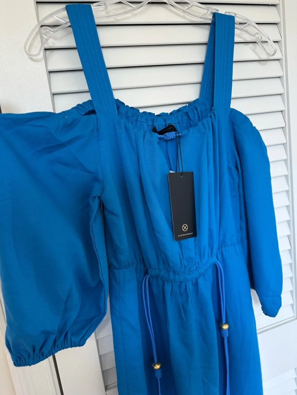 NWT Vix Paula Hermanny Blue Linen Blend off the shoulder Maxi Dress, Size 2 - Picture 3 of 9